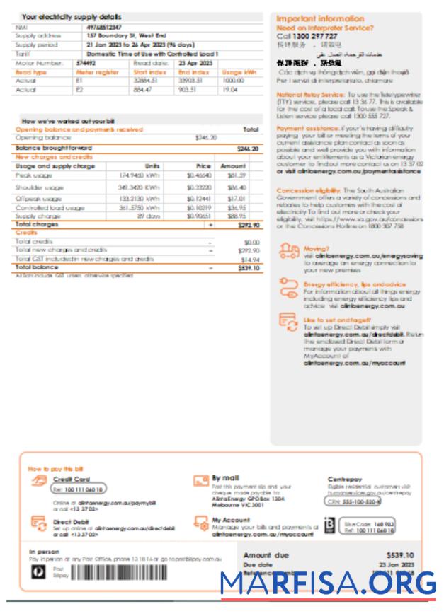 Printable Alinta energy electricity utility business bill, page 2, SCR real example